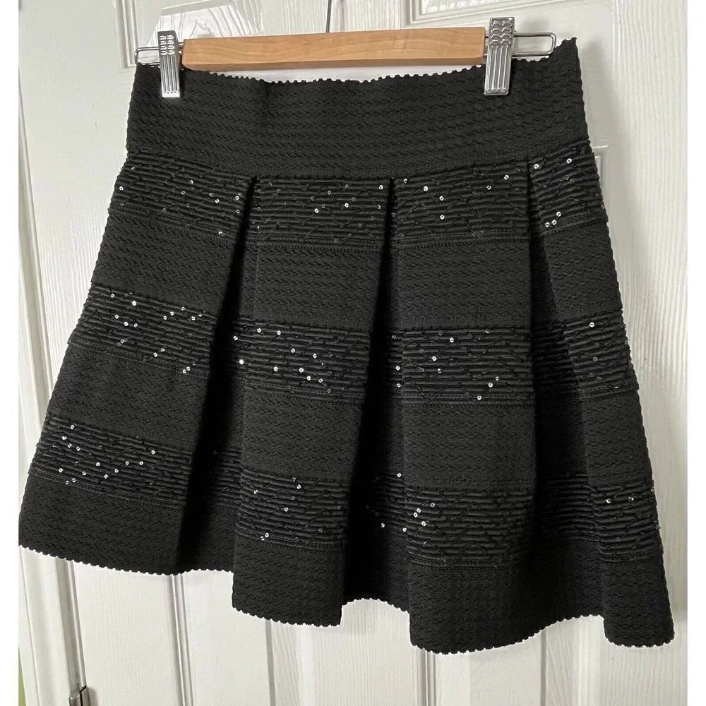 A’Gaci New With‎ Tags Black Sequenced Striped Sz L Teen Pleated Mini Skirt